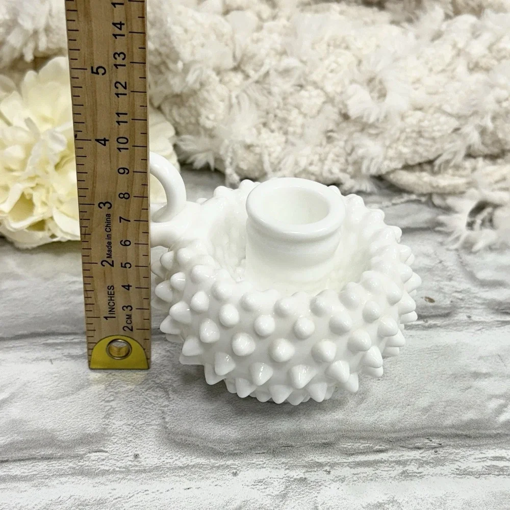 Vtg Fenton Hobnail White Milk Glass Single Finger Loop Handle Candle‎ Holder Set